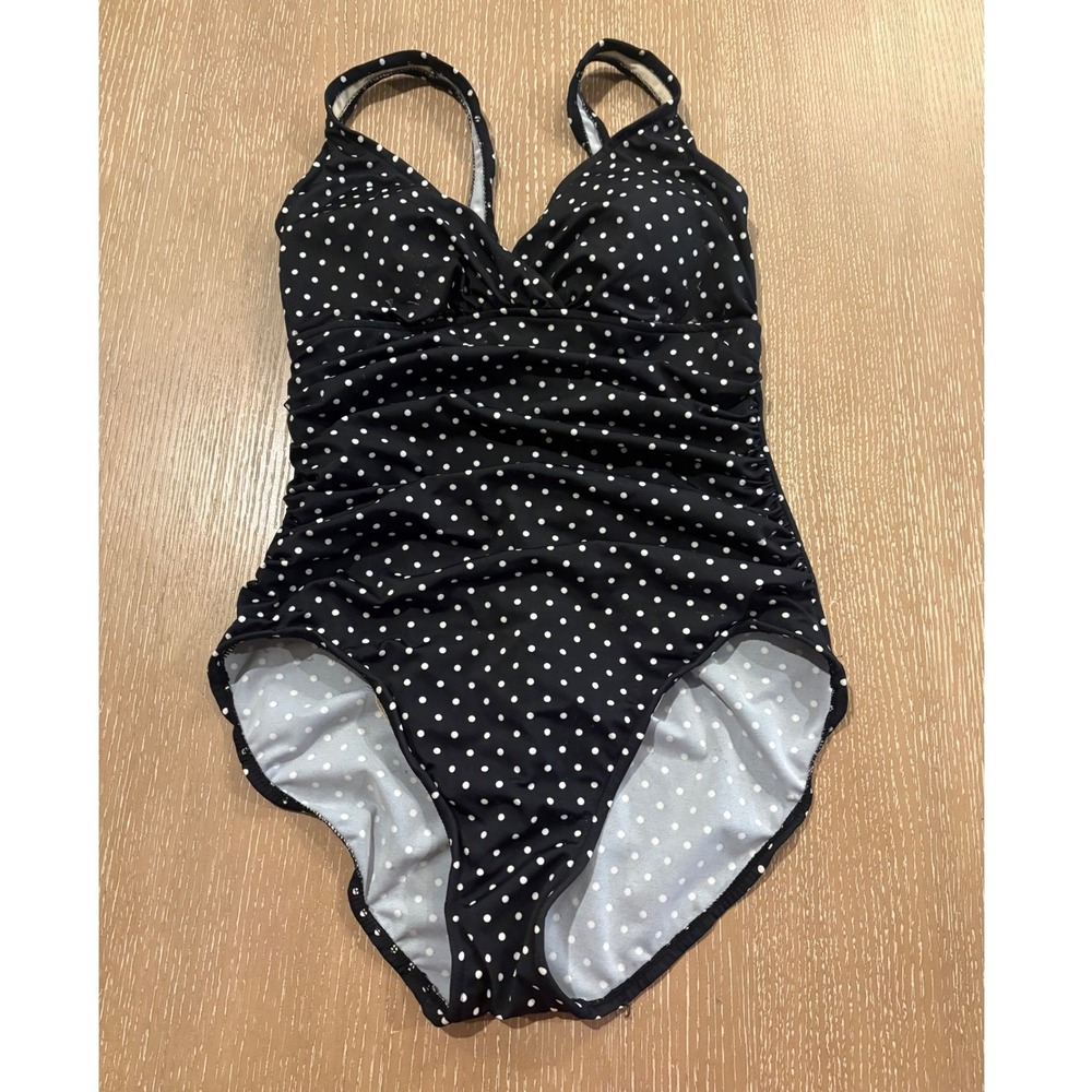 Trimshaper Black With White Polka Dots Swimsuit Size 16 One Piece Bathing Suit